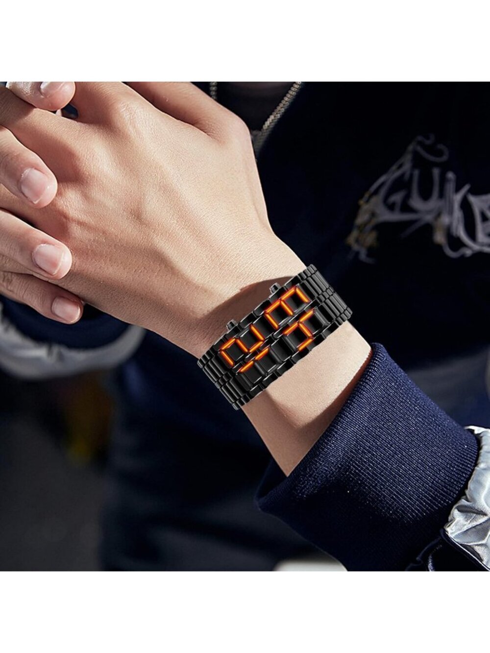 Men's Black Red Analog Quartz Lava Style Stainless Steel Bracelet Digital Watch - Picture 3 of 6